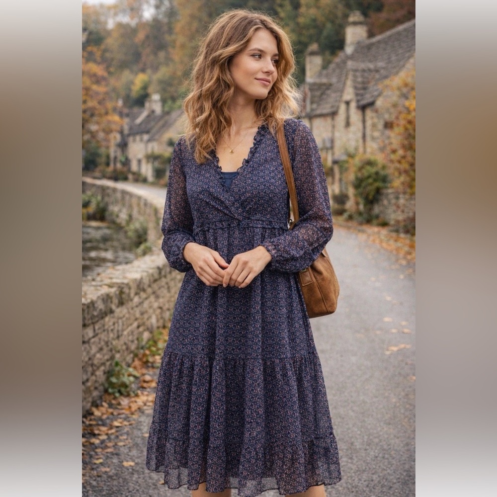 Promod Womens Small Floral Chiffon Boho Hippie Midi Dress Empire Waist Lagenlook
